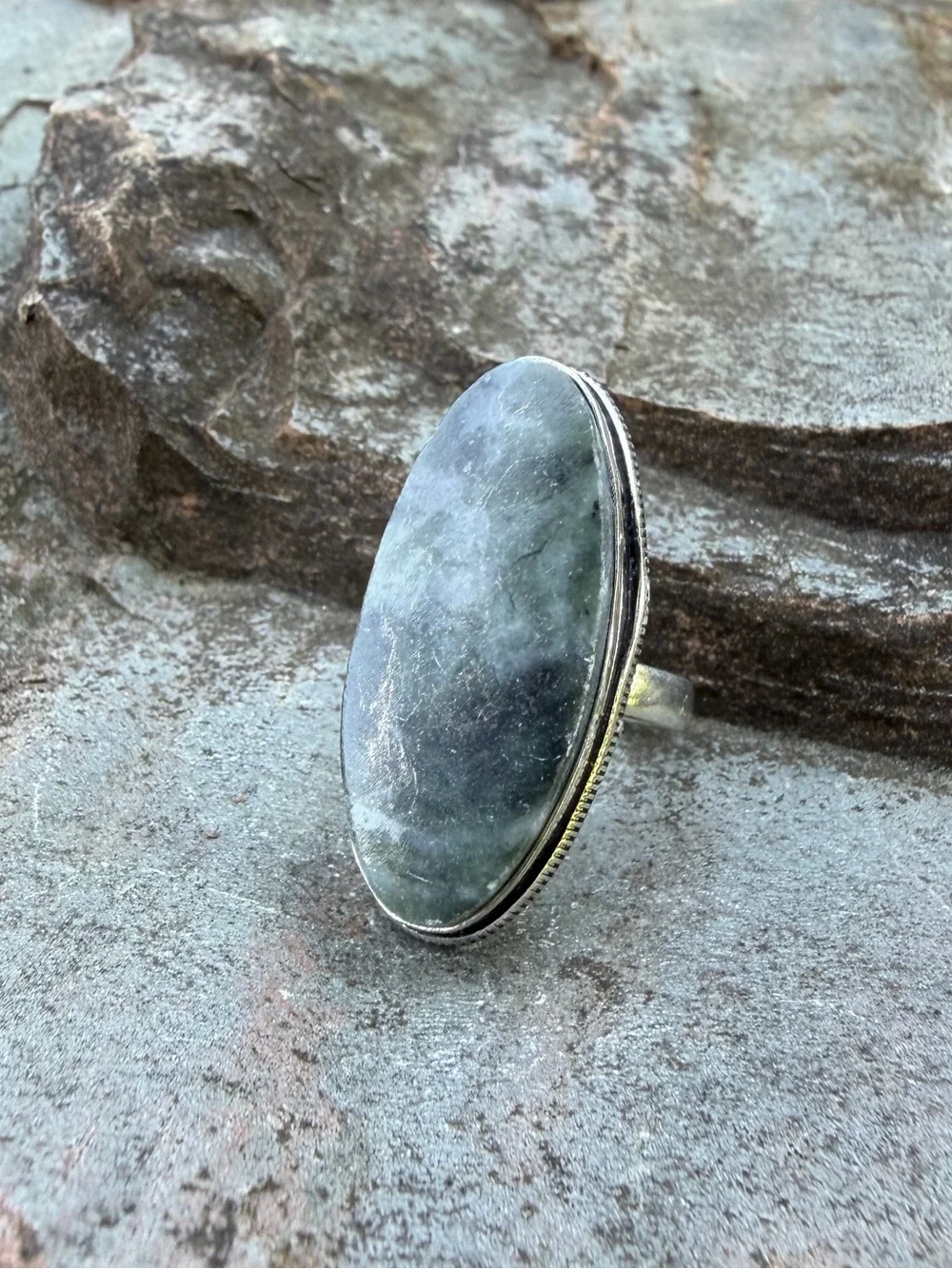 Genuine Moss Agate Green Stone Silver Ring 5.5